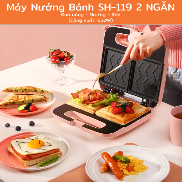 Máy Nướng Bánh Mì Sandwich 2 Khay Làm Đồ Ăn Sáng Rán Trứng Rán Thịt Đa Năng Làm Nóng Nhanh